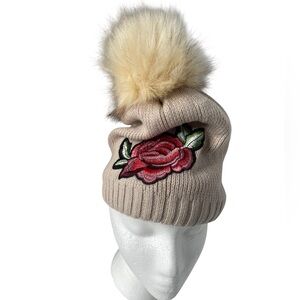 Beige Knit Beanie with Rose Embroidery and Cream PomPom